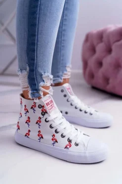 Big Star Shoes Trampki Damskie Big Star|Big Star*Damskie Trampki Wysokie Flamingi Big Star Białe DD274660