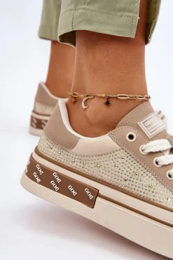 Best GOE Damskie Trampki Z Dżetami LL2N4055 Beżowe