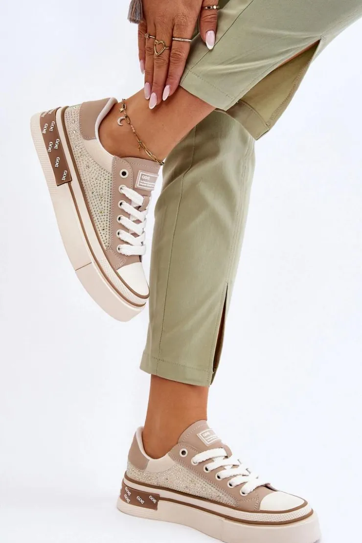 Best GOE Damskie Trampki Z Dżetami LL2N4055 Beżowe