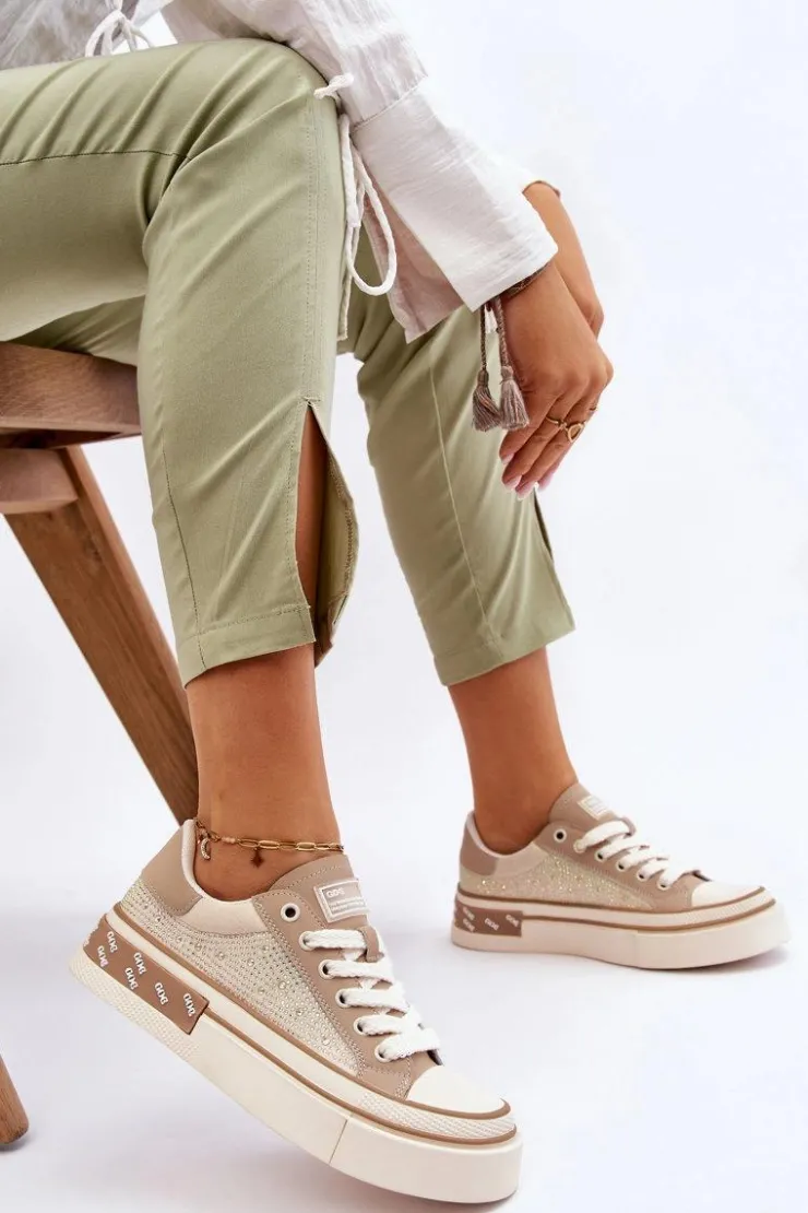 Best GOE Damskie Trampki Z Dżetami LL2N4055 Beżowe