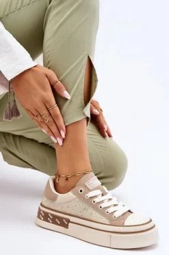 Best GOE Damskie Trampki Z Dżetami LL2N4055 Beżowe