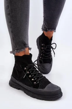 Boto Trampki Damskie Wysokie*Damskie Trampki Z Elastyczną Cholewką Czarne Kalyne