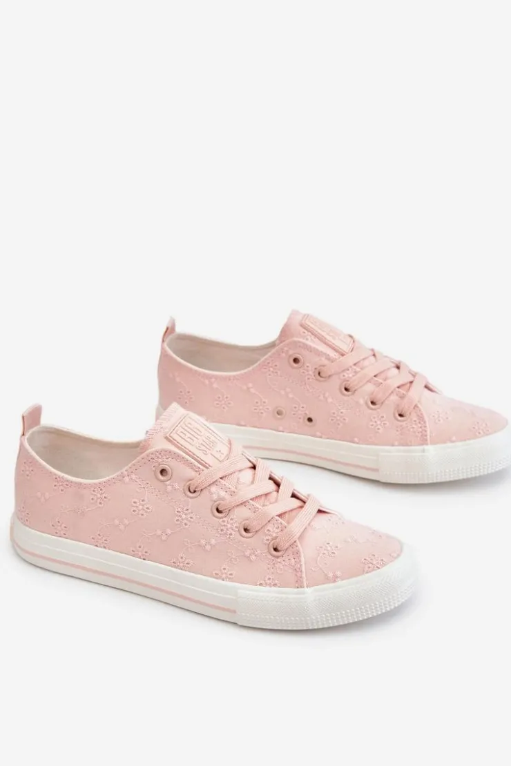 Big Star Shoes Trampki Damskie Big Star|Trampki Damskie Niskie*Damskie Trampki Z Haftem Big Star LL274224 Różowe