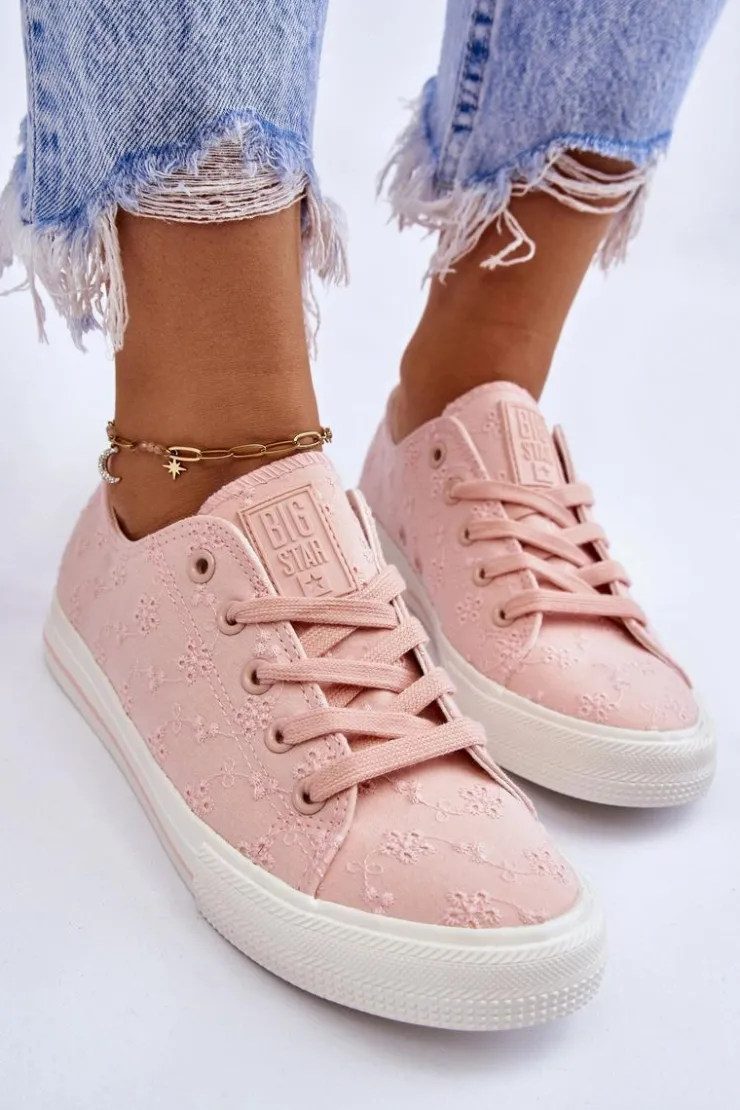 Big Star Shoes Trampki Damskie Big Star|Trampki Damskie Niskie*Damskie Trampki Z Haftem Big Star LL274224 Różowe