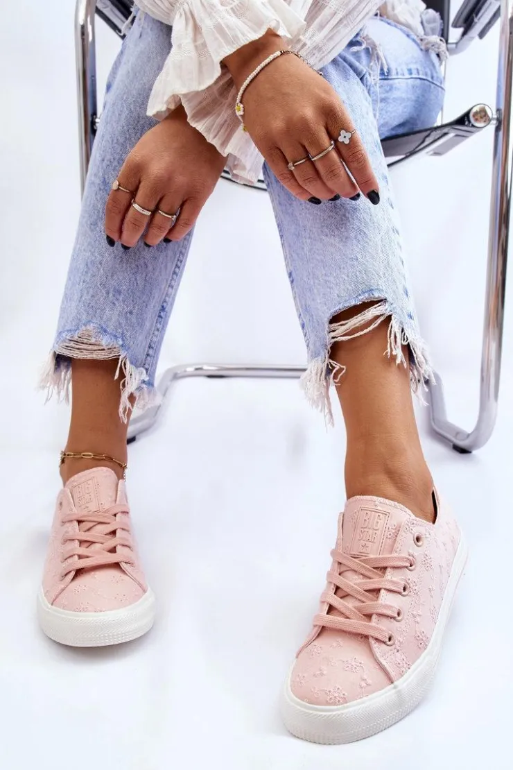 Big Star Shoes Trampki Damskie Big Star|Trampki Damskie Niskie*Damskie Trampki Z Haftem Big Star LL274224 Różowe