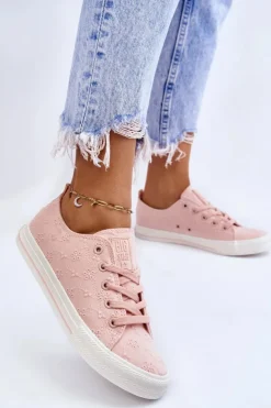 Big Star Shoes Trampki Damskie Big Star|Trampki Damskie Niskie*Damskie Trampki Z Haftem Big Star LL274224 Różowe