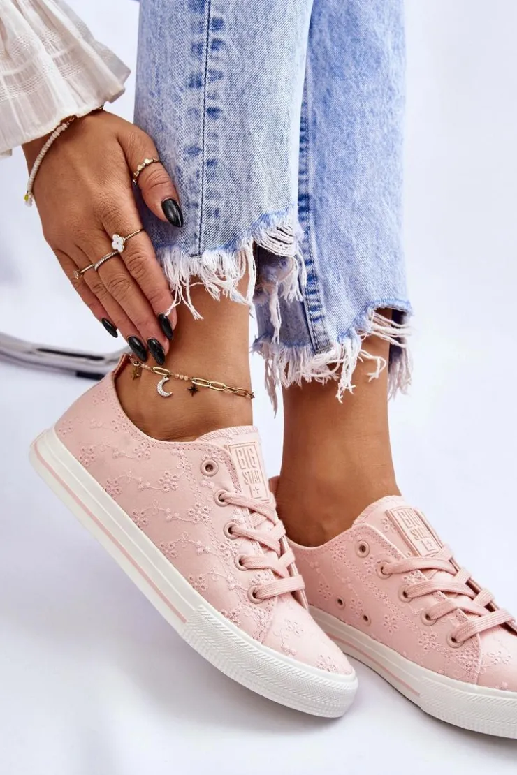 Big Star Shoes Trampki Damskie Big Star|Trampki Damskie Niskie*Damskie Trampki Z Haftem Big Star LL274224 Różowe