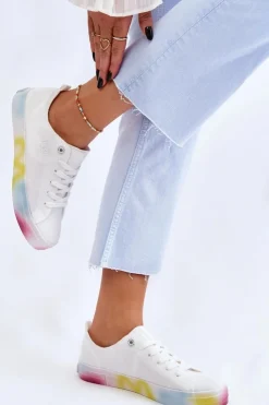 Big Star Shoes Trampki Damskie Big Star|Trampki Damskie Niskie*Damskie Trampki Z Kolorową Platformą Big Star LL274237 Białe