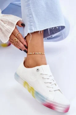 Big Star Shoes Trampki Damskie Big Star|Trampki Damskie Niskie*Damskie Trampki Z Kolorową Platformą Big Star LL274237 Białe