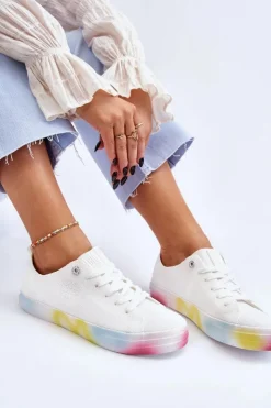 Big Star Shoes Trampki Damskie Big Star|Trampki Damskie Niskie*Damskie Trampki Z Kolorową Platformą Big Star LL274237 Białe