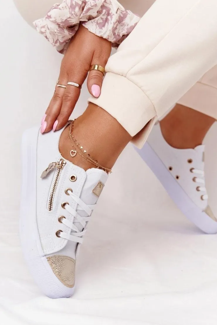 Damskie Boto Damskie Trampki Z Suwakiem Biało-Złote Festival