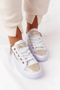 Damskie Boto Damskie Trampki Z Suwakiem Biało-Złote Festival