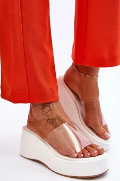 Hot Boto Damskie Transparentne Klapki Na Koturnie Białe Eliane