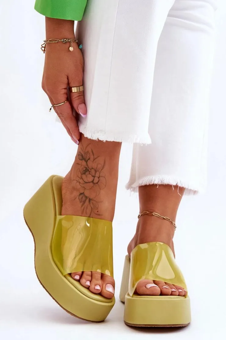 Boto Klapki Na Koturnie|Klapki Damskie Klasyczne*Damskie Transparentne Klapki Na Koturnie Jasnozielone Eliane