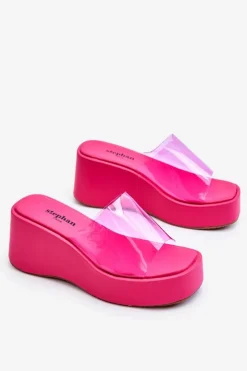 Damskie Boto Damskie Transparentne Klapki Na Koturnie Fuksja Eliane