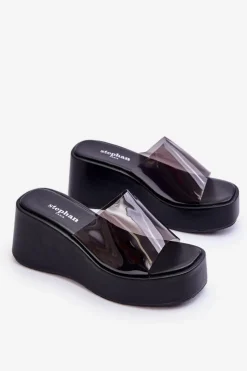 Damskie Boto Damskie Transparentne Klapki Na Koturnie Czarne Eliane