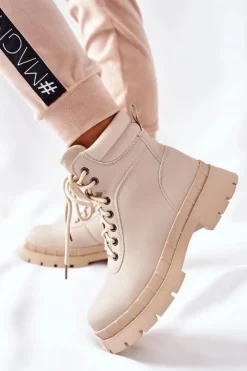 Boto Damskie Trapery|Botki Sznurowane*Damskie Trapery Beżowe Mustgrow