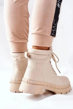 Boto Damskie Trapery|Botki Sznurowane*Damskie Trapery Beżowe Mustgrow