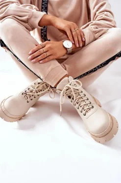 Boto Damskie Trapery|Botki Sznurowane*Damskie Trapery Beżowe Mustgrow
