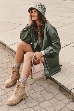 Damskie Big Star Shoes Damskie Trapery Botki Ocieplane Na Platformie I Płaskim Obcasie Big Star MM274340 Beżowe