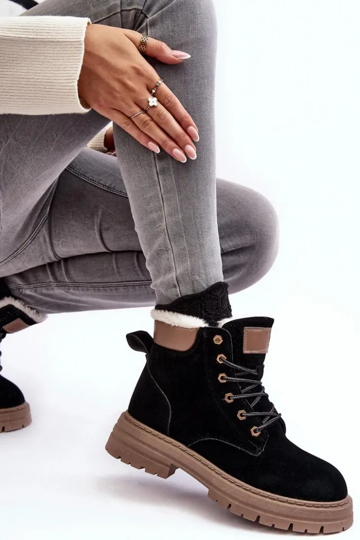Boto Damskie Trapery|Botki Sznurowane*Damskie Trapery Ocieplane Futerkiem Czarne Fenan