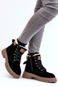 Boto Damskie Trapery|Botki Sznurowane*Damskie Trapery Ocieplane Futerkiem Czarne Fenan
