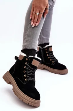 Boto Damskie Trapery|Botki Sznurowane*Damskie Trapery Ocieplane Futerkiem Czarne Fenan