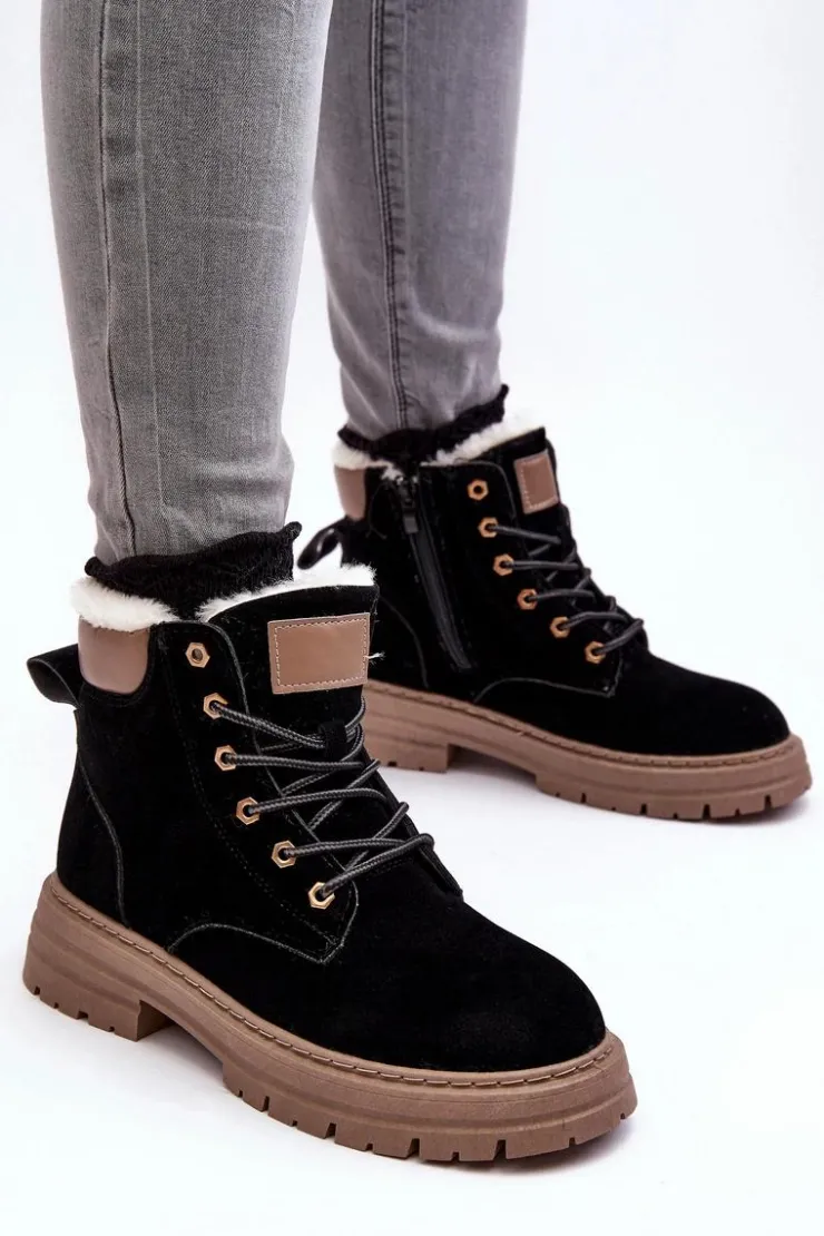 Boto Damskie Trapery|Botki Sznurowane*Damskie Trapery Ocieplane Futerkiem Czarne Fenan