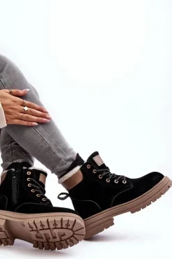 Boto Damskie Trapery|Botki Sznurowane*Damskie Trapery Ocieplane Futerkiem Czarne Fenan