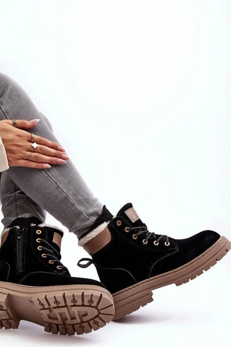 Boto Damskie Trapery|Botki Sznurowane*Damskie Trapery Ocieplane Futerkiem Czarne Fenan