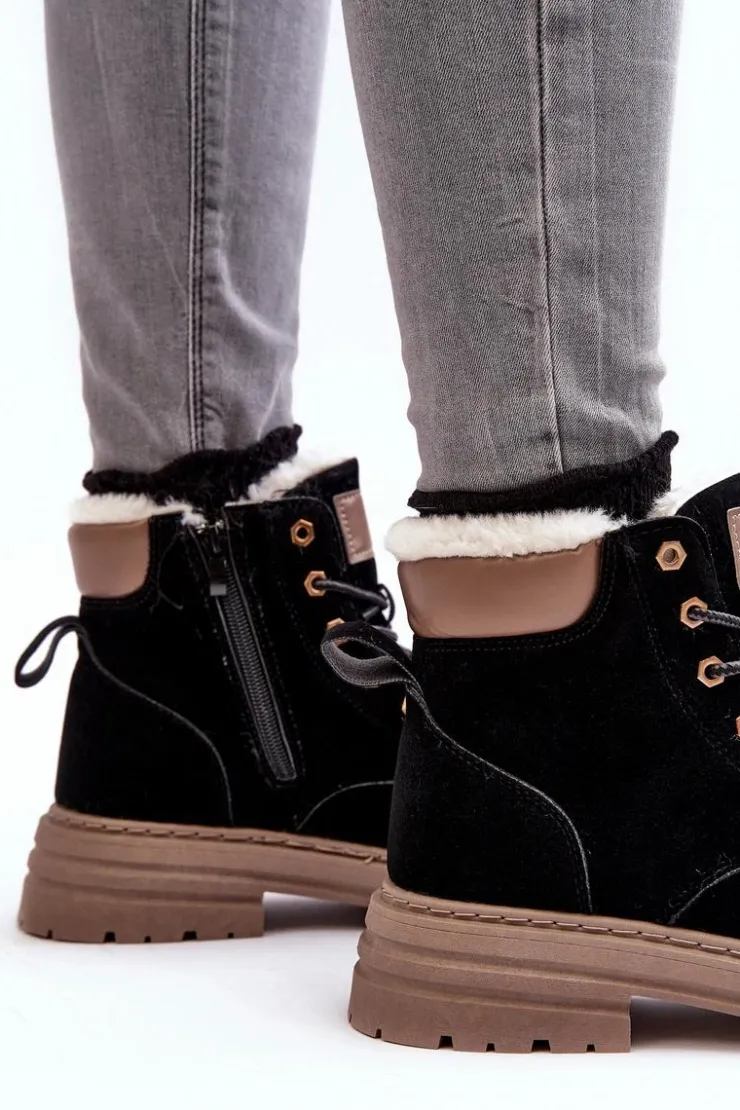 Boto Damskie Trapery|Botki Sznurowane*Damskie Trapery Ocieplane Futerkiem Czarne Fenan