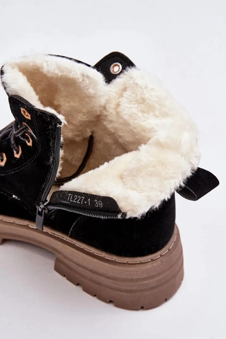 Boto Damskie Trapery|Botki Sznurowane*Damskie Trapery Ocieplane Futerkiem Czarne Fenan