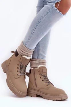 Outlet Boto Damskie Trapery Ocieplane Futerkiem Ciemnobeżowe Fenan