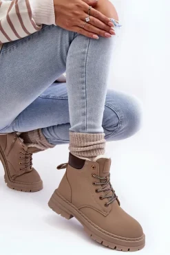 Outlet Boto Damskie Trapery Ocieplane Futerkiem Ciemnobeżowe Fenan