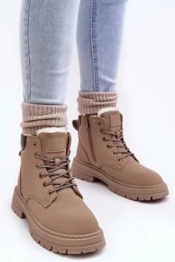 Outlet Boto Damskie Trapery Ocieplane Futerkiem Ciemnobeżowe Fenan