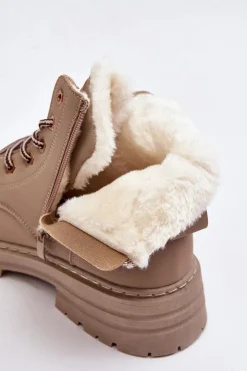 Outlet Boto Damskie Trapery Ocieplane Futerkiem Ciemnobeżowe Fenan