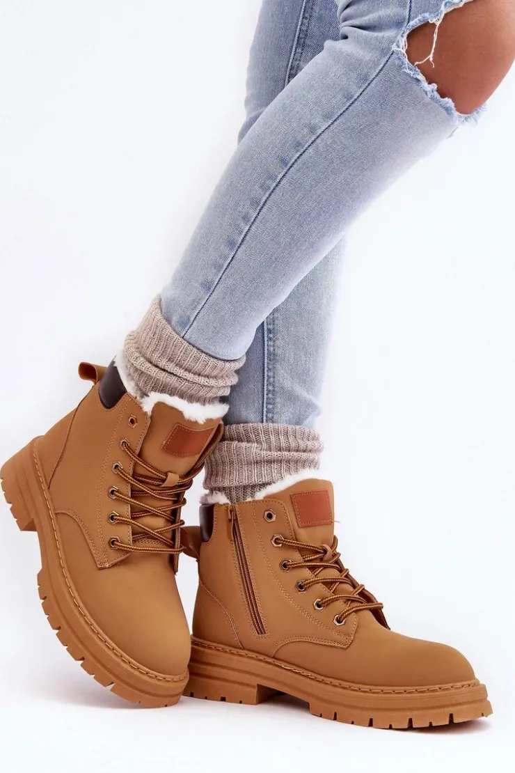 Boto Damskie Trapery|Botki Sznurowane*Damskie Trapery Ocieplane Futerkiem Camel Fenan