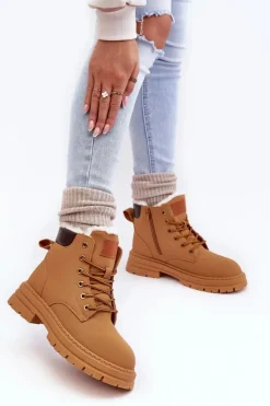 Boto Damskie Trapery|Botki Sznurowane*Damskie Trapery Ocieplane Futerkiem Camel Fenan