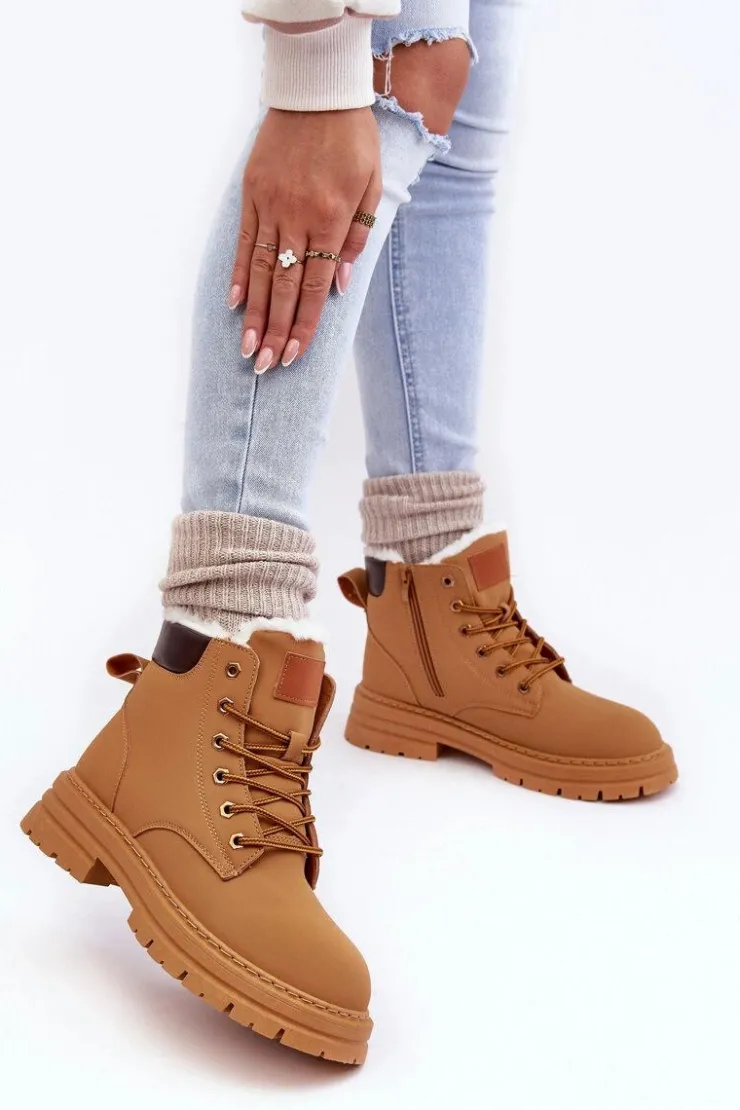 Boto Damskie Trapery|Botki Sznurowane*Damskie Trapery Ocieplane Futerkiem Camel Fenan
