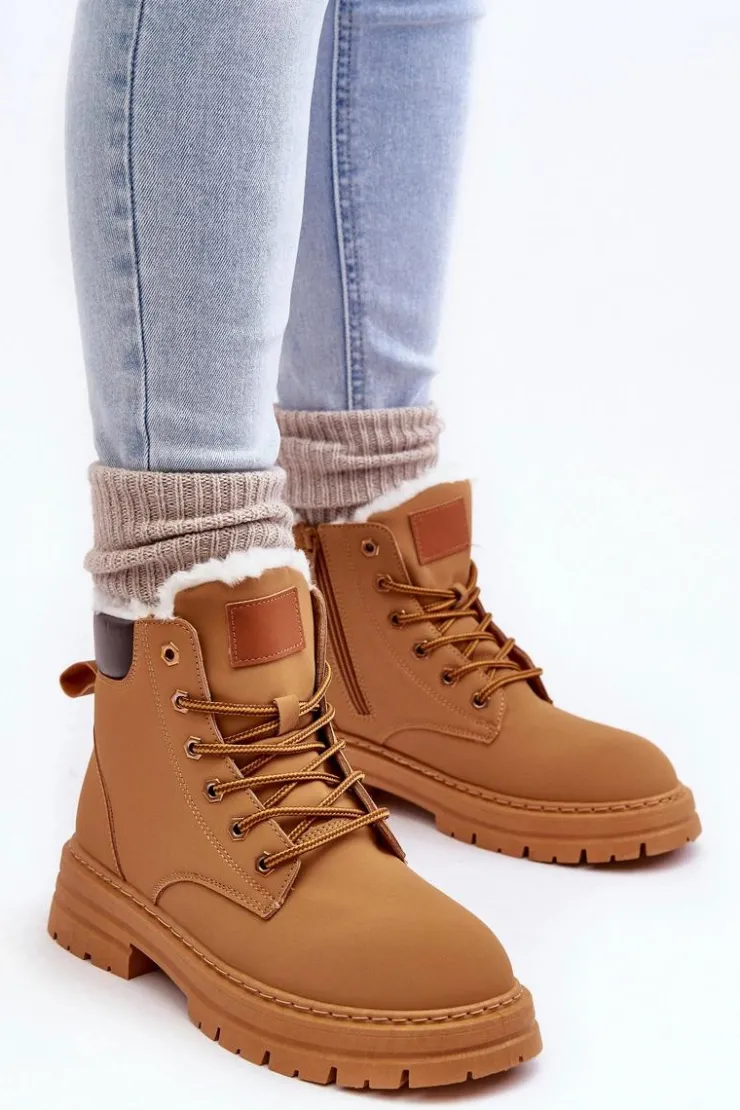 Boto Damskie Trapery|Botki Sznurowane*Damskie Trapery Ocieplane Futerkiem Camel Fenan