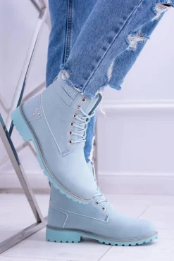 Damskie Boto Damskie Trapery Ocieplane Timberki Błękitne Oxford