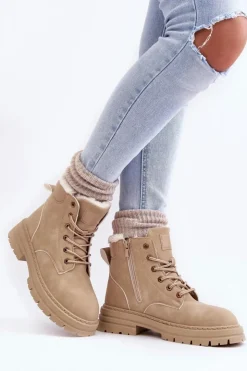 Outlet Boto Damskie Trapery Ocieplane Futerkiem Beżowe Fenan