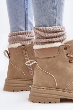 Outlet Boto Damskie Trapery Ocieplane Futerkiem Beżowe Fenan