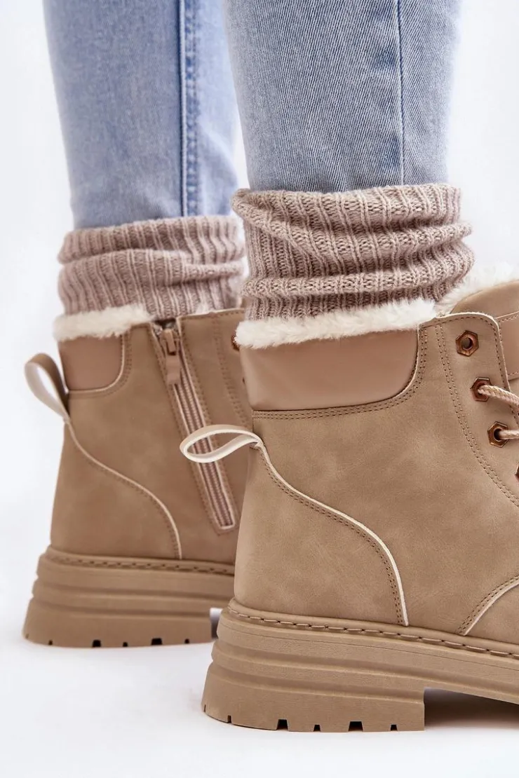 Outlet Boto Damskie Trapery Ocieplane Futerkiem Beżowe Fenan