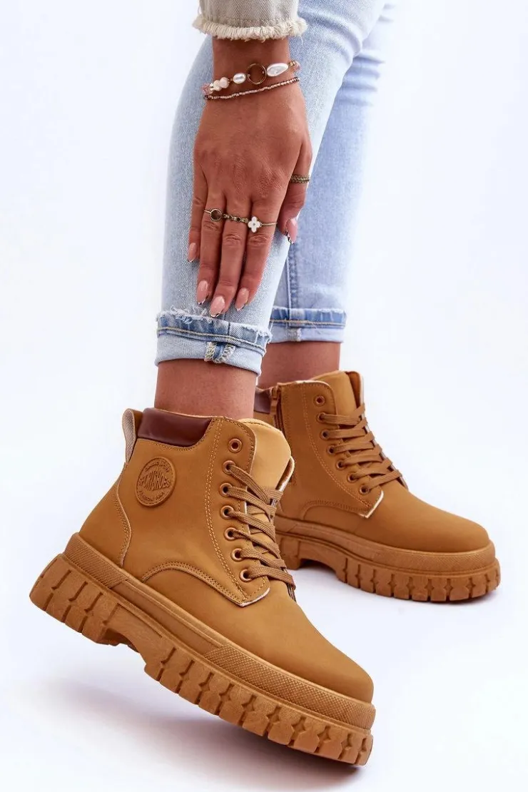 Damskie Boto Damskie Trapery Skórzane Na Platformie Brązowe Calys