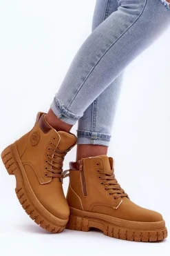 Damskie Boto Damskie Trapery Skórzane Na Platformie Brązowe Calys