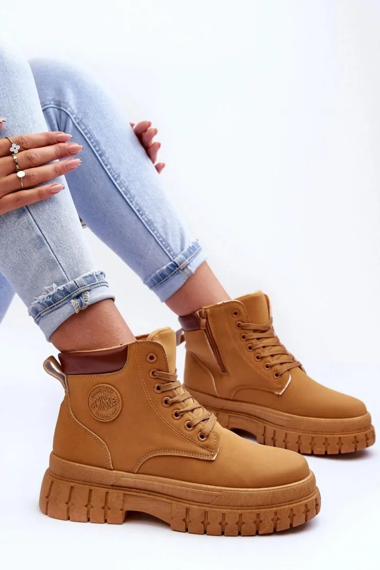 Damskie Boto Damskie Trapery Skórzane Na Platformie Brązowe Calys