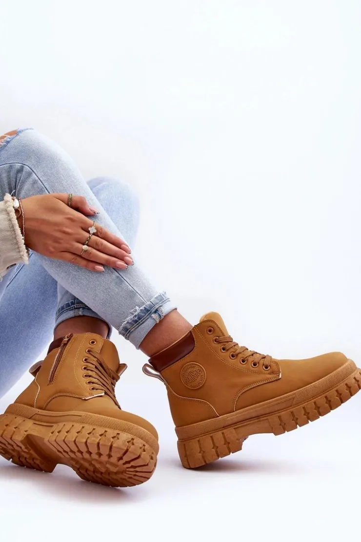 Damskie Boto Damskie Trapery Skórzane Na Platformie Brązowe Calys