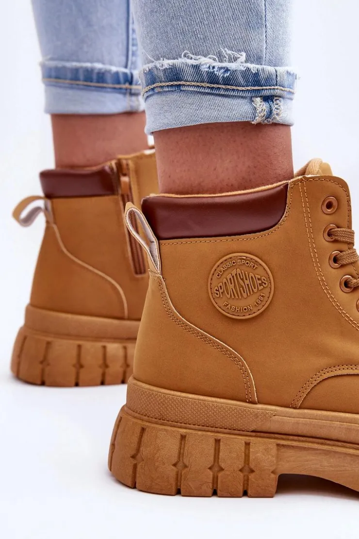 Damskie Boto Damskie Trapery Skórzane Na Platformie Brązowe Calys