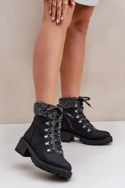 Damskie Boto Damskie Trapery Z Kożuszkiem Na Niskim Obcasie Czarne Brenneth